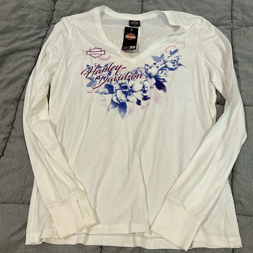 Harley-Davidson. NWT. Long sleeve white shirt with purple flowers.